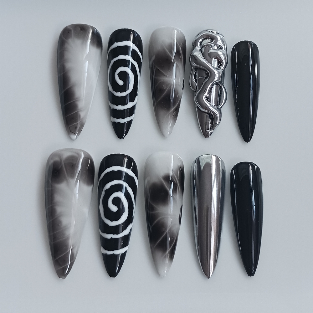 ✨️Black and Silver 3d Chrome Handmade Press On Nails Set 10pcs